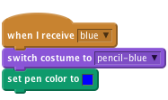     when I receive [blue v]
    switch costume to [pencil-blue v]
    set pen color to [#0000ff]