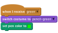     when I receive [green v]
    switch costume to [pencil-green v]
    set pen color to [#00ff00]