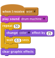     when I receive [won v]
    play sound [drum machine v]
    repeat (50)
        change [color v] effect by (25)
        wait (0.1) secs
    end
    clear graphic effects