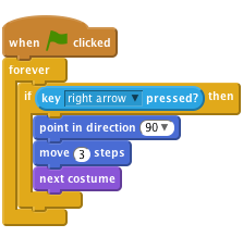     when flag clicked
    forever
        if <key [right arrow v] pressed? > then
            point in direction (90 v)
            move (3) steps
            next costume
        end
    end