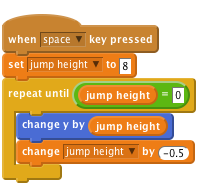     when [space v] key pressed
    set [jump height v] to [8]
    repeat until < (jump height) = [0] >
        change y by (jump height)
        change [jump height v] by (-0.5)
    end