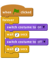     when flag clicked
    forever
        switch costume to [on v]
        wait (2) secs
        switch costume to [off v]
        wait (2) secs
    end