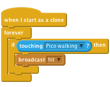     when I start as a clone
    forever
        if < touching [Pico walking v]? > then
            broadcast [hit v]
        end
    end