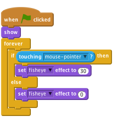     when flag clicked
    show
    forever
    if <touching [mouse-pointer v]?> then
        set [fisheye v] effect to (30)
    else
        set [fisheye v] effect to (0)
    end
    end