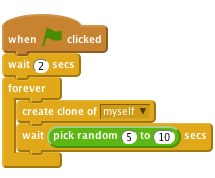     when flag clicked
    wait (2) secs
    forever
        create clone of [myself v]
        wait (pick random (5) to (10)) secs
    end