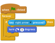     when flag clicked
    forever
        if <key [right arrow v] pressed?> then
            turn right (3) degrees
        end
    end