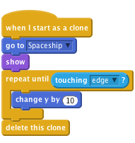     when I start as a clone
    go to [Spaceship v]
    show
    repeat until <touching [edge v] ?>
        change y by (10)
    end
    delete this clone