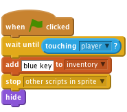     when flag clicked
    wait until <touching [player v]?>
    add [blue key] to [inventory v]
    stop [other scripts in sprite v]
    hide