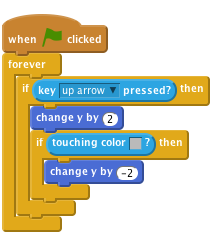     when flag clicked
    forever
        if <key [up arrow v] pressed? > then
            change y by (2)
            if < touching color [#BABABA]? > then
                change y by (-2)
            end
        end
    end