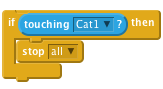 if <touching [Cat1 v]?> then
    stop [all v]
end