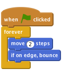 when flag clicked
forever
    move (2) steps
    if on edge, bounce
end