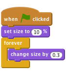 when flag clicked
set size to (10) %
forever
    change size by (0.3)
end