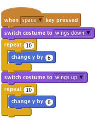 when [space v] key pressed
    switch costume to [wings down v]
    repeat (10)
        change y by (6)
    end
    switch costume to [wings up v]
    repeat (10)
        change y by (6)
    end