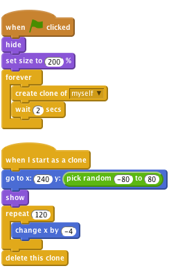 when FLAG clicked
    hide
    set size to (200)%
    forever
        create clone of [myself v]
        wait (2) secs

when I start as a clone
    go to x: (240) y: (pick random (-80) to (80))
    show
    repeat (120)
        change x by (-4)
    end
    delete this clone