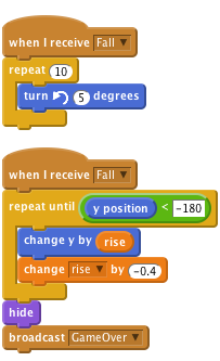 when I receive [Fall v]
    repeat (10)
        turn ccw (5) degrees

when I receive [Fall v]
    repeat until <(y position) < [-180]>
        change y by (rise)
        change [rise v] by (-0.4)
    end
    hide
    broadcast [GameOver v]