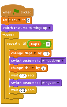 when FLAG clicked
    set [flaps v] to [0]
    switch costume to [wings up v]
    forever
        repeat until <(flaps) = [0]>
            change [flaps v] by (-1)
            switch costume to [wings down v]
            change [rise v] by (8)
            wait (0.2) secs
            switch costume to [wings up v]
            wait (0.2) secs