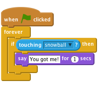     when flag clicked
    forever
        if < touching [snowball v]? > then
            say [You got me!] for (1) secs
        end
    end