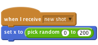     when I receive [new shot v]
    set x to (pick random (0) to (200))