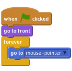 when FLAG clicked
    go to front
    forever
        go to [mouse-pointer v]