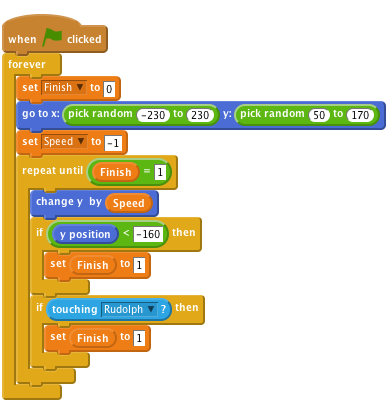 when FLAG clicked
    forever
        set [Finish v] to [0]
        go to x: <pick random (-230) to (230)> y: <pick random (50) to (170)>
        set [Speed v] to [-1]
        repeat until <(Finish) = [1]>
            change y  by (Speed)
            if <(y position) < [-160]> then
                set (Finish) to [1]
            end
            if <touching [Rudolph v]?> then
                set (Finish) to [1]