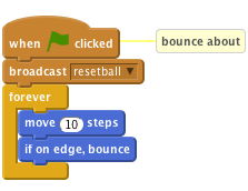 when FLAG clicked // bounce about
broadcast [resetball v]
forever
    move (10) steps
    if on edge, bounce
end