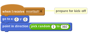 when I receive [resetball v] // prepare for kick-off
go to x: (0) y: (0)
point in direction <pick random (1) to (360)>