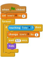         when FLAG clicked  
    set [bowls v] to (0)
        forever
    if <touching [Toby v]?> then
        change [bowls v] by (1)
    wait (0.5) secs
    hide
    end 
    end