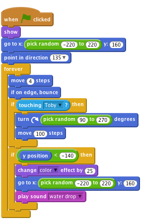     when FLAG clicked  
    show
    go to x:(pick random (-220) to (220)) y:(160)
    point in direction (135 v)
    forever
    move (4) steps
    if on edge, bounce
    if <touching [Toby v]?> then
    turn right (pick random (90) to (270)) degrees
    move (100) steps
    end
    if <(y position) < (-140)> then
    change [color v] effect by (25)
    go to x:(pick random (-220) to (220)) y:(160)
    play sound [water drop v]
    end
    end