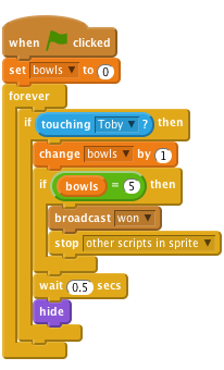     when FLAG clicked  
    set [bowls v] to (0)
        forever
    if <touching [Toby v]?> then        
    change [bowls v] by (1)
    if <(bowls) = (5)> then
    broadcast [won v]
    stop [other scripts in sprite v]
    end
    wait (0.5) secs     
    hide
    end 
    end    