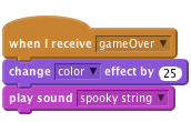     when I receive [gameOver v]
    change [color v] effect by (25)
    play sound [spooky string v]