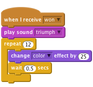     when I receive [won v]
    play sound [triumph v]
    repeat (12)
    change [color v] effect by (25)
    wait (0.5) secs
    end